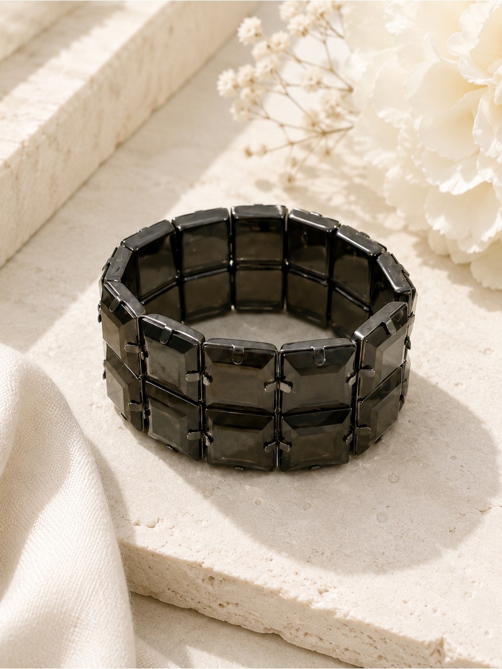 Boutique Gunmetal Smoky Crystal Stretch Bracelet Statement Cuff Glam NWT